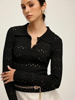 Sale Hollow Button Polo Sweater Without Belt Sweater Tops|Sweaters & Cardigans