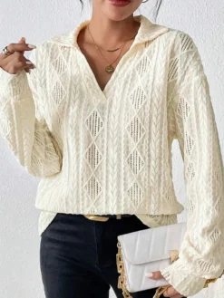 Sale Hollow Crochet Polo Shirt Blouses & Shirts|Tops
