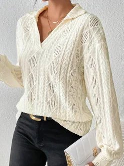 Sale Hollow Crochet Polo Shirt Blouses & Shirts|Tops