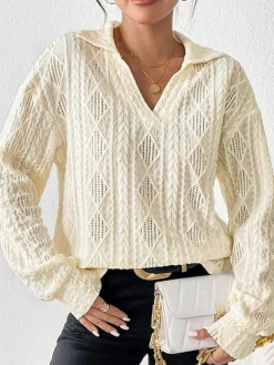 Sale Hollow Crochet Polo Shirt Blouses & Shirts|Tops
