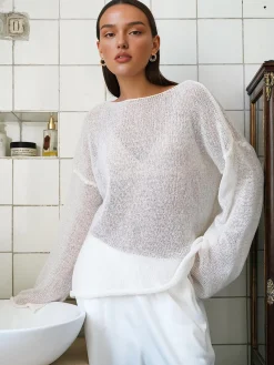 Sale Hollow Draped Snug Knit Top Sweater Tops|Sweaters & Cardigans