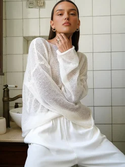 Sale Hollow Draped Snug Knit Top Sweater Tops|Sweaters & Cardigans