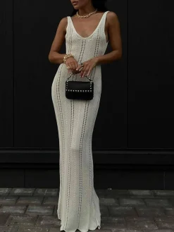 Outlet Hollow Knit Cami Long Dress White Dresses|Sweater Dresses