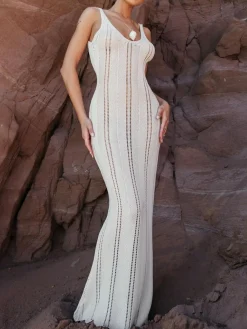 Outlet Hollow Knit Cami Long Dress White Dresses|Sweater Dresses