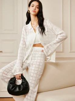 Hot Hollow Plaid Drawstring Pants Set Pants Sets|Long Sleeve Sets