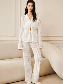 Hot Hollow Plaid Drawstring Pants Set Pants Sets|Long Sleeve Sets