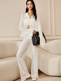 Hot Hollow Plaid Drawstring Pants Set Pants Sets|Long Sleeve Sets