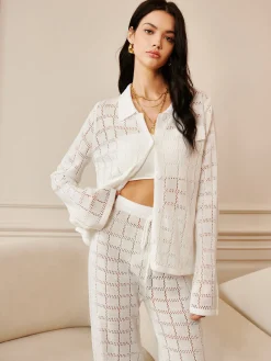 Hot Hollow Plaid Drawstring Pants Set Pants Sets|Long Sleeve Sets