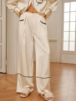 Discount Home Satin Piping Wide-Leg Pants Long Sleeve Sets|Pants