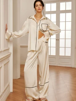 Discount Home Satin Piping Wide-Leg Pants Long Sleeve Sets|Pants