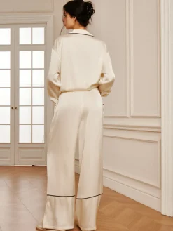 Discount Home Satin Piping Wide-Leg Pants Long Sleeve Sets|Pants