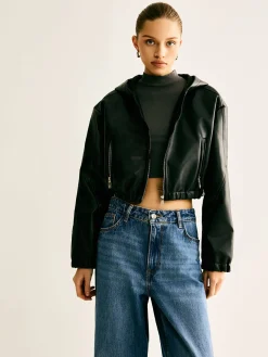 Outlet Hooded PU Leather Crop Jacket Outerwear|Crop Tops