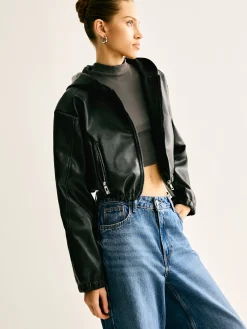 Outlet Hooded PU Leather Crop Jacket Outerwear|Crop Tops