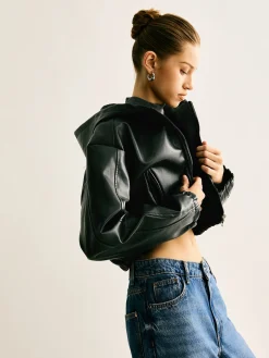 Outlet Hooded PU Leather Crop Jacket Outerwear|Crop Tops