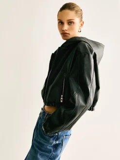 Outlet Hooded PU Leather Crop Jacket Outerwear|Crop Tops