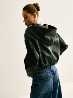 Outlet Hooded PU Leather Crop Jacket Outerwear|Crop Tops