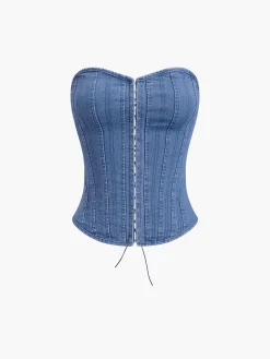 Best Hook-and-Eye Tie Back Tube Denim Top Tank Tops & Camis|Denim