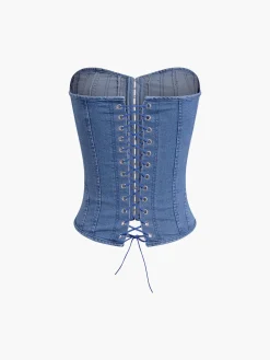 Best Hook-and-Eye Tie Back Tube Denim Top Tank Tops & Camis|Denim
