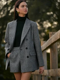 Best Houndstooth Button Tweed Blazer Blazers|Outerwear
