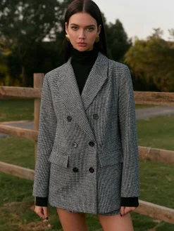 Best Houndstooth Button Tweed Blazer Blazers|Outerwear