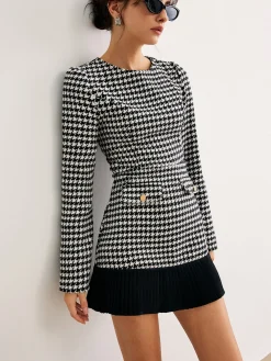 Online Houndstooth Panel Short Dress White Dresses|Casual Dresses