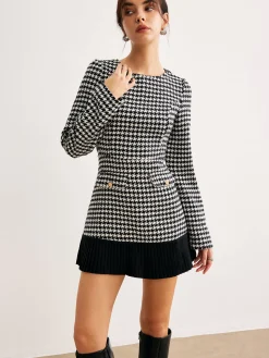 Online Houndstooth Panel Short Dress White Dresses|Casual Dresses