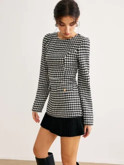 Online Houndstooth Panel Short Dress White Dresses|Casual Dresses