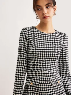 Online Houndstooth Panel Short Dress White Dresses|Casual Dresses