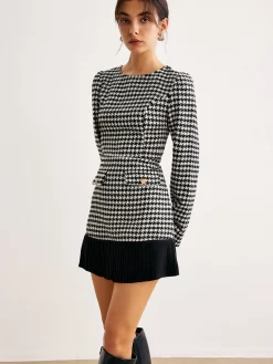 Online Houndstooth Panel Short Dress White Dresses|Casual Dresses