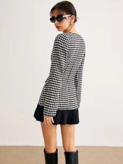 Online Houndstooth Panel Short Dress White Dresses|Casual Dresses