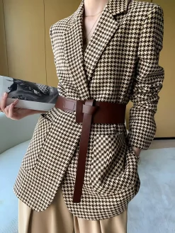 Houndstooth Split Blazer With Belt Outerwear|Blazers