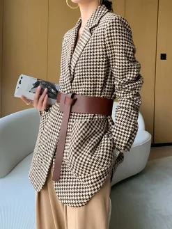 Houndstooth Split Blazer With Belt Outerwear|Blazers
