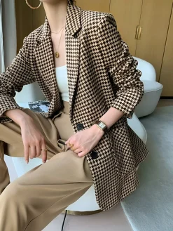 Houndstooth Split Blazer With Belt Outerwear|Blazers