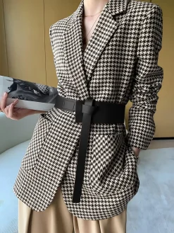 Houndstooth Split Blazer With Belt Outerwear|Blazers