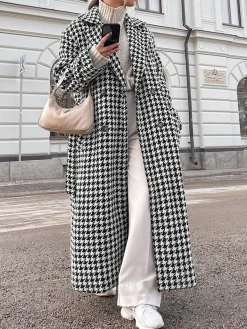 Houndstooth Tweed Trench Coat Outerwear|Coats
