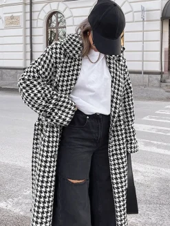 Houndstooth Tweed Trench Coat Outerwear|Coats
