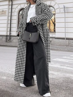 Houndstooth Tweed Trench Coat Outerwear|Coats