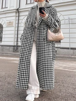 Houndstooth Tweed Trench Coat Outerwear|Coats