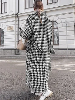 Houndstooth Tweed Trench Coat Outerwear|Coats