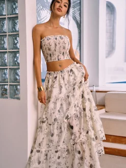 Clearance Ink Painting Print Skirt Set Skirt Sets|Long Sleeve Sets