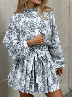 Sale Ink Painting Print Tie Up A-Line Short Dress Casual Dresses|Summer Dresses