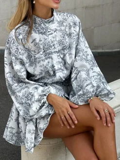 Sale Ink Painting Print Tie Up A-Line Short Dress Casual Dresses|Summer Dresses