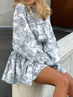 Sale Ink Painting Print Tie Up A-Line Short Dress Casual Dresses|Summer Dresses