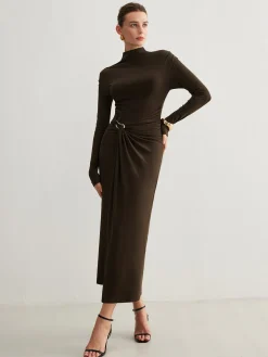 Best Irregular Metal-Ring Slit Pleated Dress Black Dresses|Casual Dresses