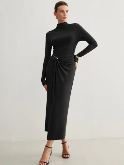 Best Irregular Metal-Ring Slit Pleated Dress Black Dresses|Casual Dresses