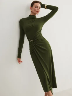 Best Irregular Metal-Ring Slit Pleated Dress Black Dresses|Casual Dresses