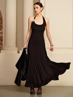 Online Irregular-Ring Flowy Halter Dress Black Dresses|Cocktail & Party Dresses
