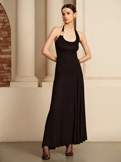Online Irregular-Ring Flowy Halter Dress Black Dresses|Cocktail & Party Dresses