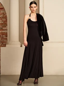 Online Irregular-Ring Flowy Halter Dress Black Dresses|Cocktail & Party Dresses