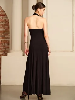 Online Irregular-Ring Flowy Halter Dress Black Dresses|Cocktail & Party Dresses